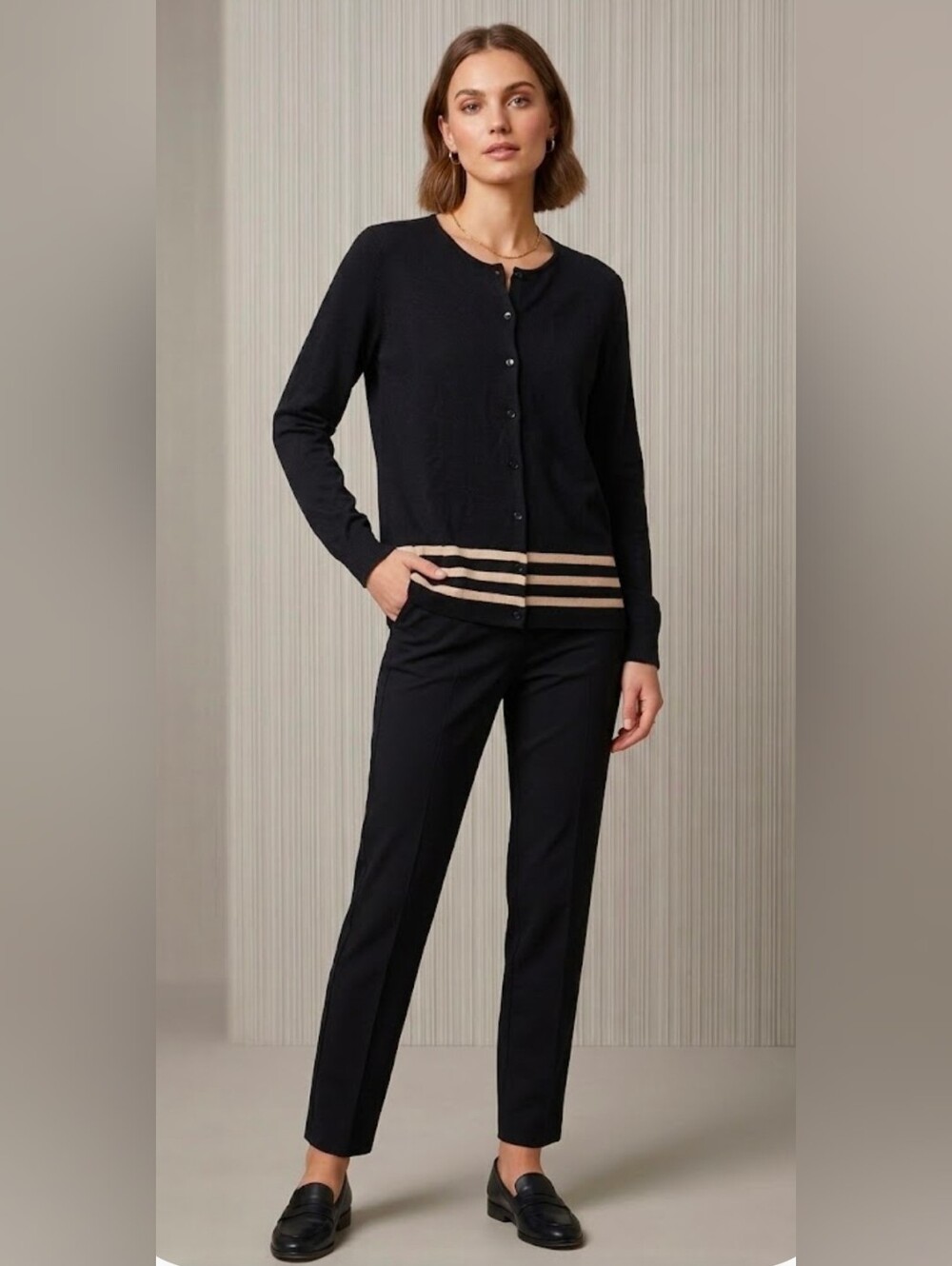 Rena Rowan Women Silk Blend Cardigan -Black Stripe Detail Long Sleeve Sizr Large